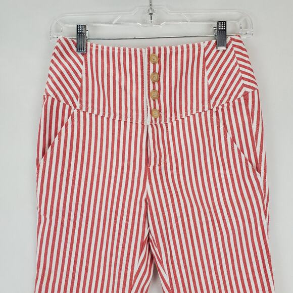 Free People Frankie Y2K High Rise Crop Pants 2 Red White Stripe Button Fly Twee - Picture 6 of 15